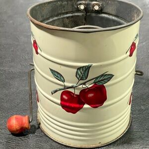 Vintage Style Hand Crank Flour Sifter with Red Apple Motif
